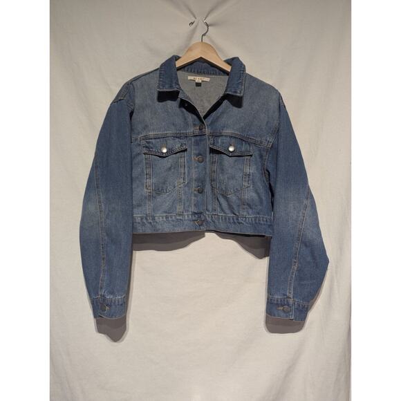 Francesca's Mi ami Womens Cropped Blue Denim Jean Jacket L Distressed Country - Picture 1 of 4